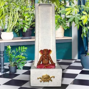 Art N Hub Big Lord Ganesha Fiber Indoor Outdoor Waterfall for Home Decoration Housewarming Gift Items Best Interior Decoration Items for Home (35 x 48 x 99 CM | Ivory & Golden)