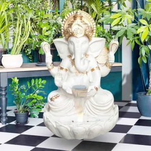 Art N Hub Big Size Lord Ganesha Handicraft FRP Indoor Outdoor Fountain for Home Decor and Garden Decoration and Decorative Gift Items for Home (60 x 54 x 86 CM | Ivory & Golden)
