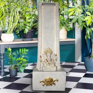 Art N Hub Big Size Lord Ganesha Outdoor FRP Waterfall Fountain Office Decorative Items | Best Welcome Gifts for Guest Also Best Gift Items for Home Decoration (35 x 48 x 99 CM | Ivory & Golden)