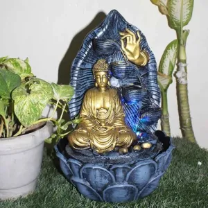 Art N Hub Lord Buddha Tabletop Waterfall Showpiece Ornaments for Home Decor and Garden Decoration | Best Decoration Gift Items for Living Room (27 x 27 x 42 CM | Grey Golden)