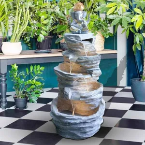 Art N Hub Lord Ganesha Big Fountain Fiber Waterfall Decorative Gift Items with Colorfull Led Light Long Lasting Color | Home Decor Items (56 x 56 x 130 CM | Grey & Golden)