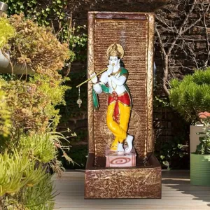 Art N Hub Lord Krishna Big Size Fountain with Light Decoration Items for Indoor Outdoor Home and Office Color | Best Decorative Gift Items (36 x 33 x 92 CM | Textured Brown & Golden)