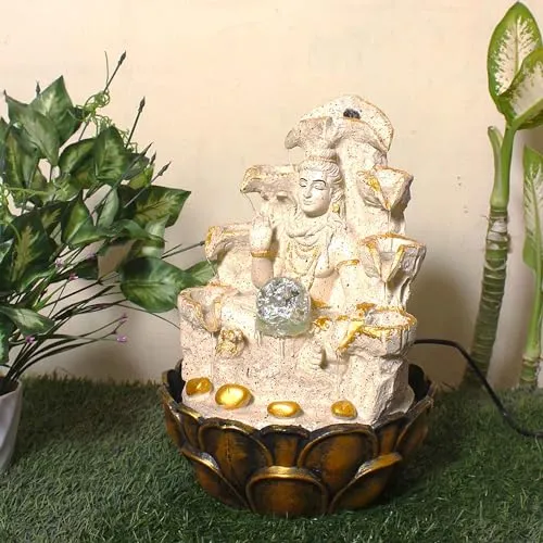 Art N Hub Lord Shiva Indoor Outdoor Water Fountain Gift Items for Home & Office Decoration with Crystall Ball LED Light | Vastu Showpiece for Home (27 x 27 x 38 CM | Dotted Cream Golden)