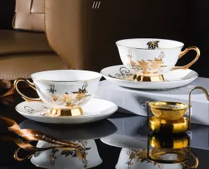 Elegant British Ceramic Coffee Cups, Golden Leaves and Grapes Bone China Porcelain Tea Cup Set, Unique British Tea Cup and Saucer in Gift Box
