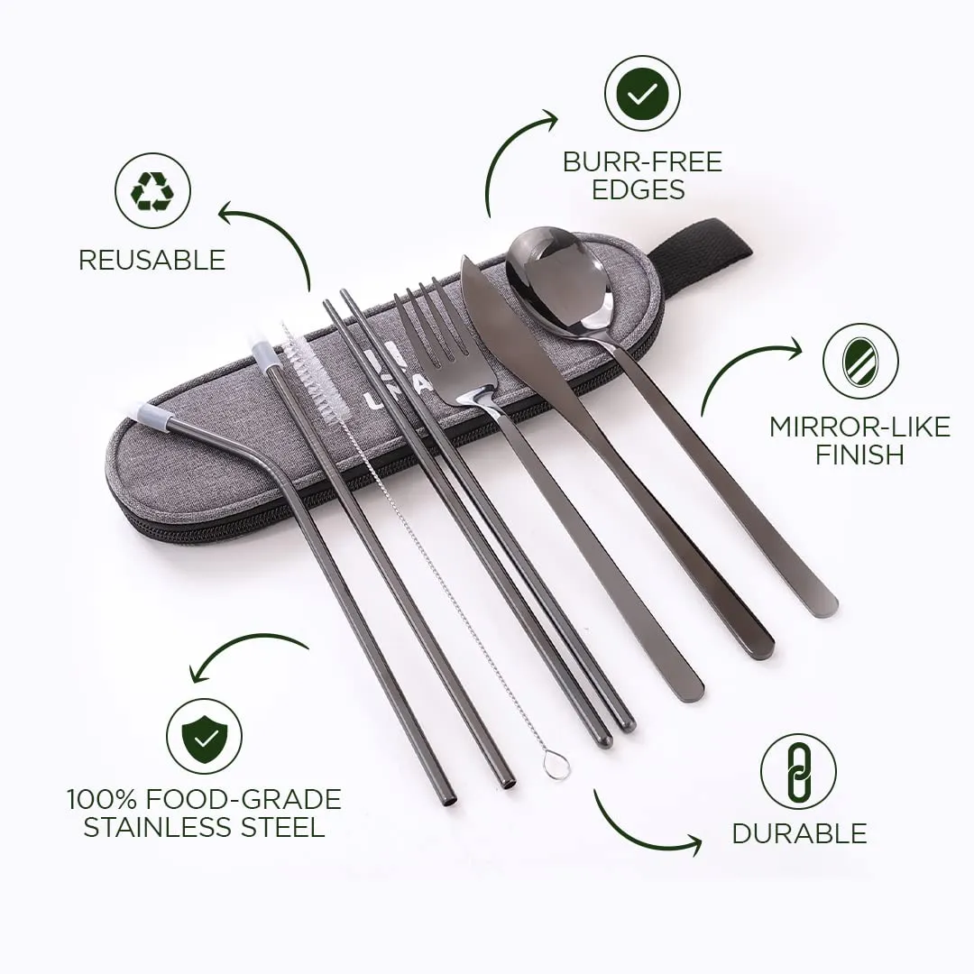 UMAI Portable 8-Piece Stainless Steel Food-Grade Utensil Set - Travel-Friendly | Camping Cutlery | Reusable | Easy to Carry | Ideal for All Occasions | Durable and Practical (Black)